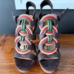 L.A.M.B Zed Leather Strappy Sandals Heels Brown